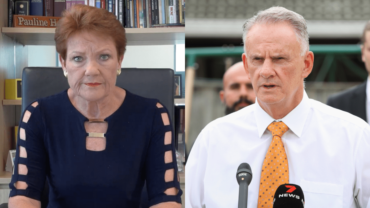 Photo of Pauline Hanson delivering a statement via video and Mark Latham speaking with the media at a One Nation home visit in Sydney