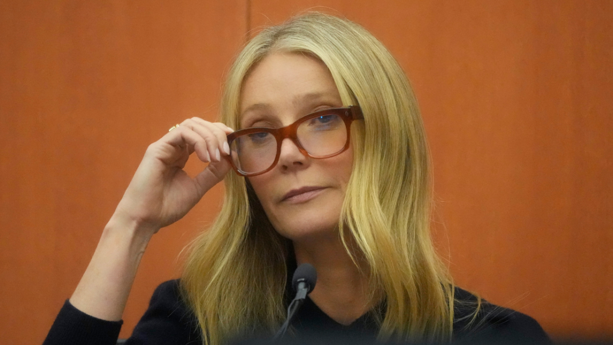 Gwyneth Paltrow testifying at ski crash trial in Utah wearing big brown glasses