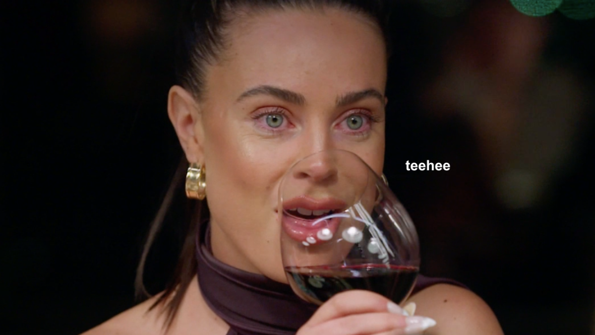 MAFS' Bronte Schofield sipping red wine with white text on screen which reads "teehee"