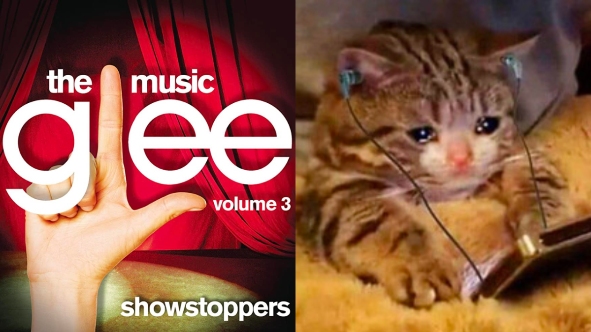 Album cover of 'Glee: The Music, Volume 3 Showstoppers' and cat listening to headphones crying
