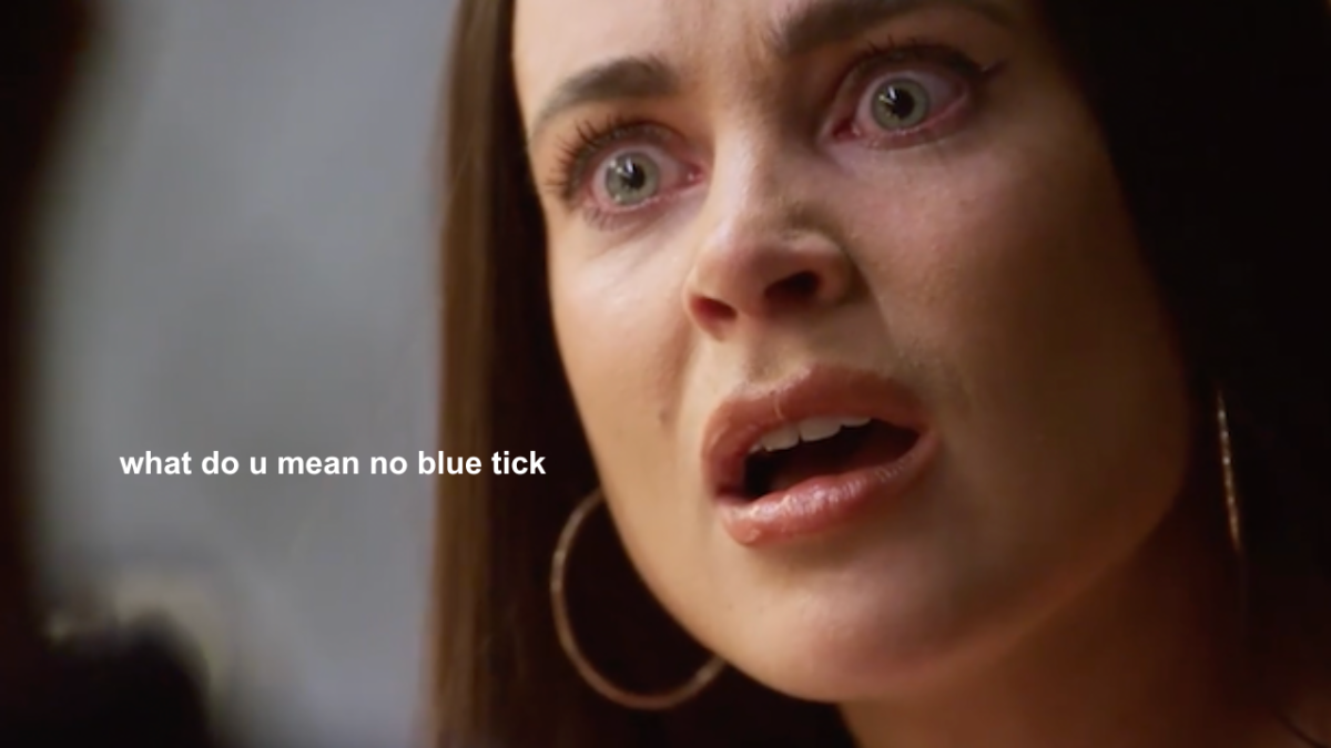 MAFS 2023 bride Bronte Schofield looking scared with white text which reads "what do u mean no blue tick"