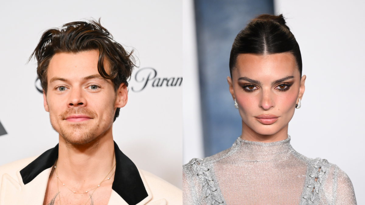 Harry Styles at the 65th Annual GRAMMY Awards Press Room in a black and cream blazer and Emily Ratajkowski attending the 2023 Vanity Fair Oscar Party
