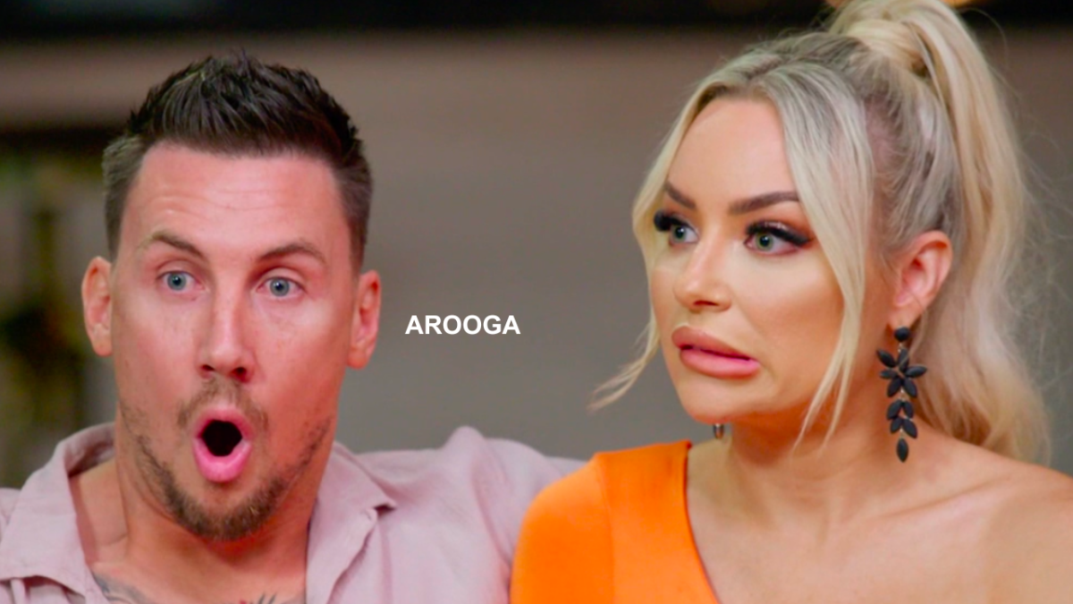 MAFS' Layton Mills and Melinda Willis looking shocked with text which reads "AROOGA"