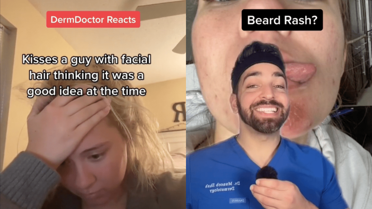 Screenshots of a TikTok from the Derm Doctor warning about risk of dirty beards transmitting bacterial infections through close physical touch such as kissing