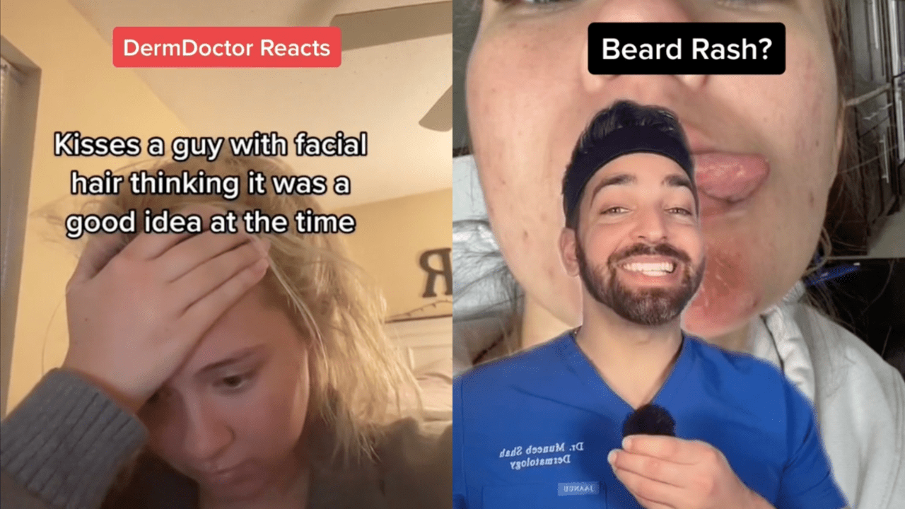 Screenshots of a TikTok from the Derm Doctor warning about risk of dirty beards transmitting bacterial infections through close physical touch such as kissing