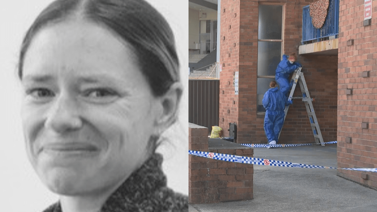 Photo of Erin Gilbert who was found dead at her Merrylands unit and photo of detectives establishing crime scene at unit