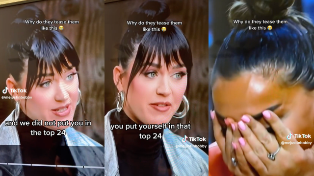 TikTok screenshots of Katy Perry delivering news to an American Idol contestant. She says: "And we did not put you in the top 24. You put yourself in that top 24." In the third frame a contestant has her head in her hands.