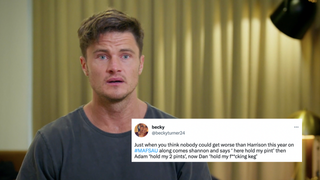 MAFS Australia's Shannon Adams looking shocked and tweet overlaid which reads: Just when you think nobody could get worse than Harrison this year on #MAFSAU along comes shannon and says ‘ here hold my pint’ then Adam ‘hold my 2 pints’, now Dan ‘hold my f**cking keg’