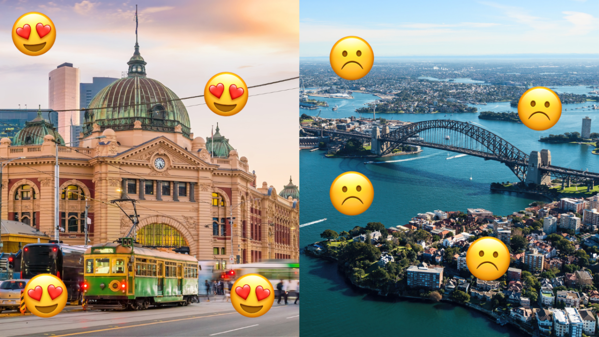Flinders Street Station in Melbourne with love heart eye emojis and aerial view of Sydney Harbour with frowning emojis