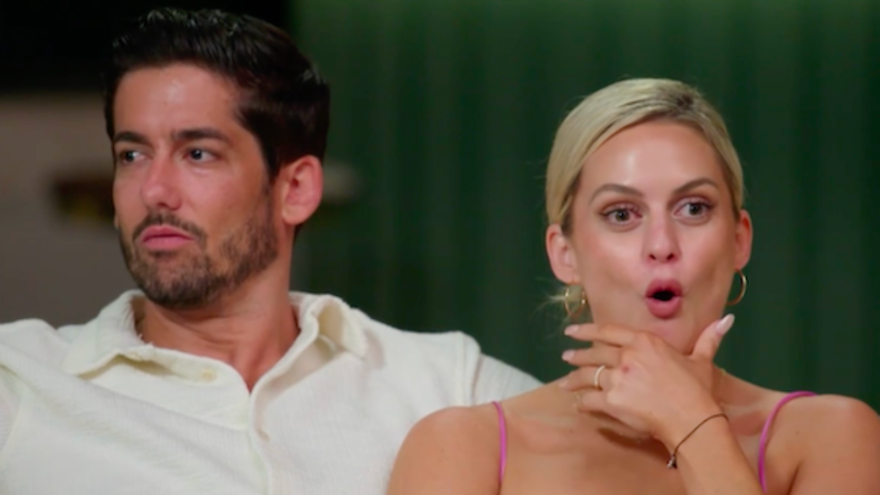 Alyssa Barmonde looking shocked with mouth open and Duncan James looking into distance on MAFS