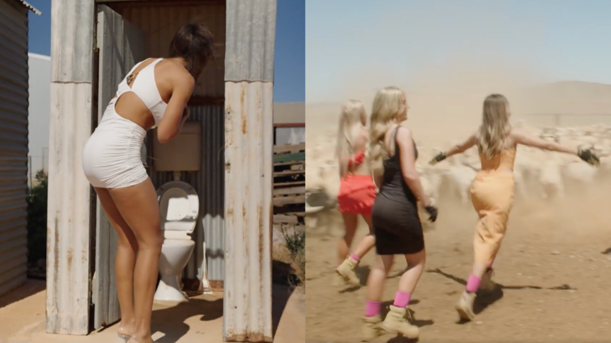 Frames from OFTV show Model Farmers showing creator staring at outhouse and other creators herding sheep