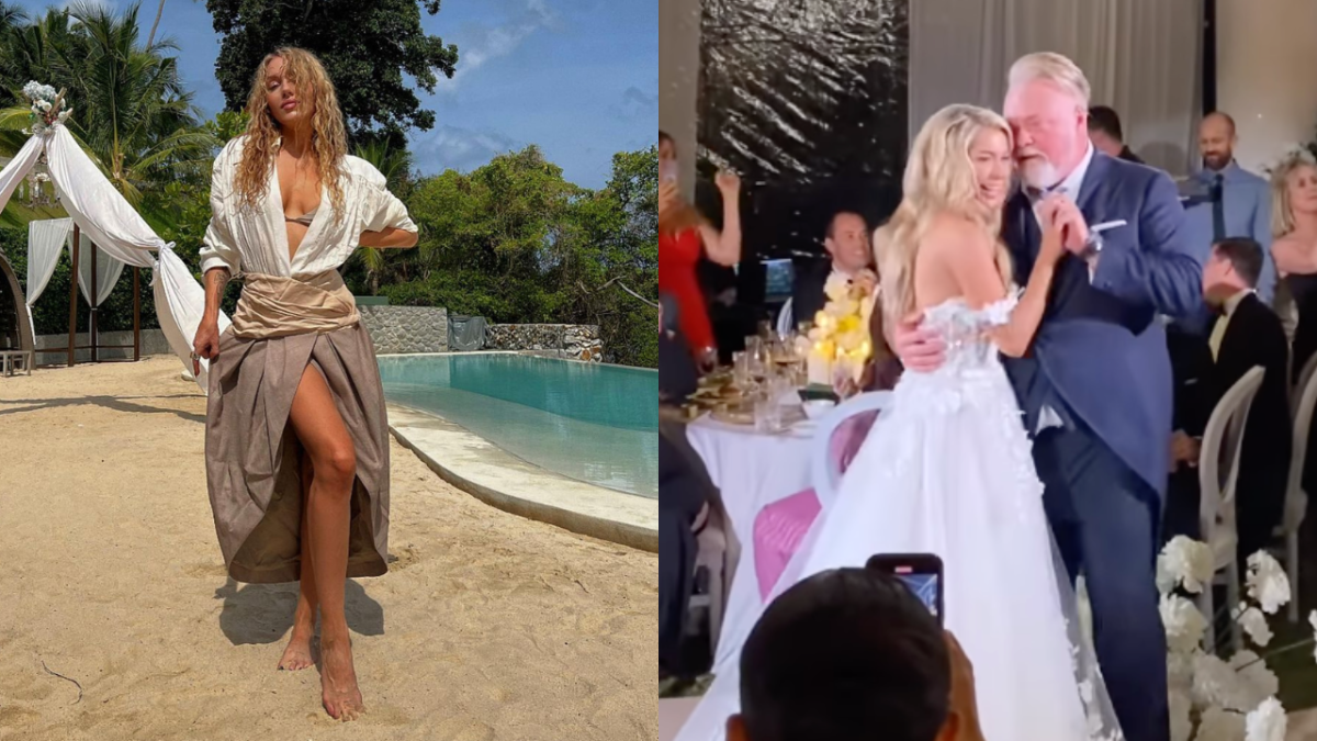 Imogen Anthony in Thailand and Kyle Sandilands and wife Tegan Kynaston dancing at wedding