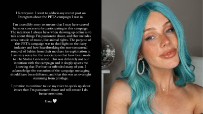 DJ Tigerlily Has Apologised For PETA Campaign That Compared Dairy Farming To Stealing Children