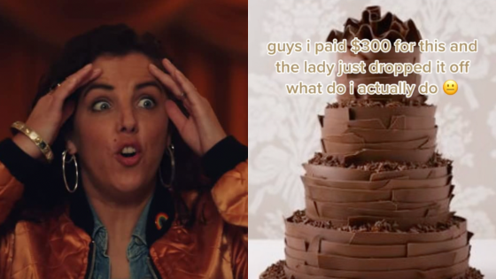 Michelle from Derry Girls with hands to her face shocked and a photo of a four-tier chocolate cake on TikTok with text which reads "guys I paid $300 for this and the lady just dropped it off what do i actually do"