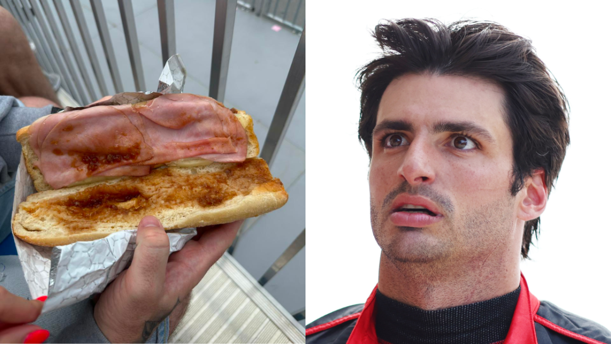 Photo of ham sandwich at Formula 1 Miami Grand Prix and Carlos Sainz looking shocked