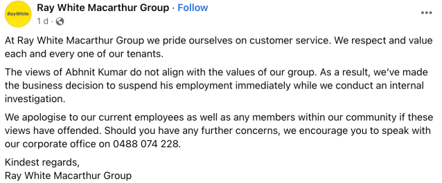 ray white macarthur group facebook statement
