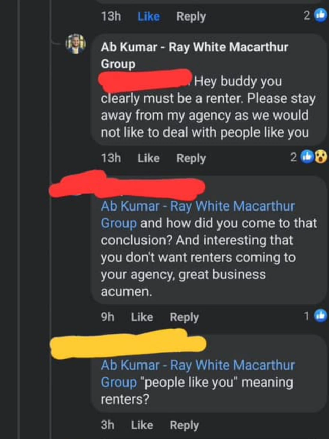 Ab Kumar's "disgraceful" comments on a Facebook post about renters and inflation.