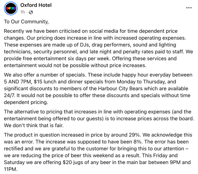 the oxford hotel facebook statement
