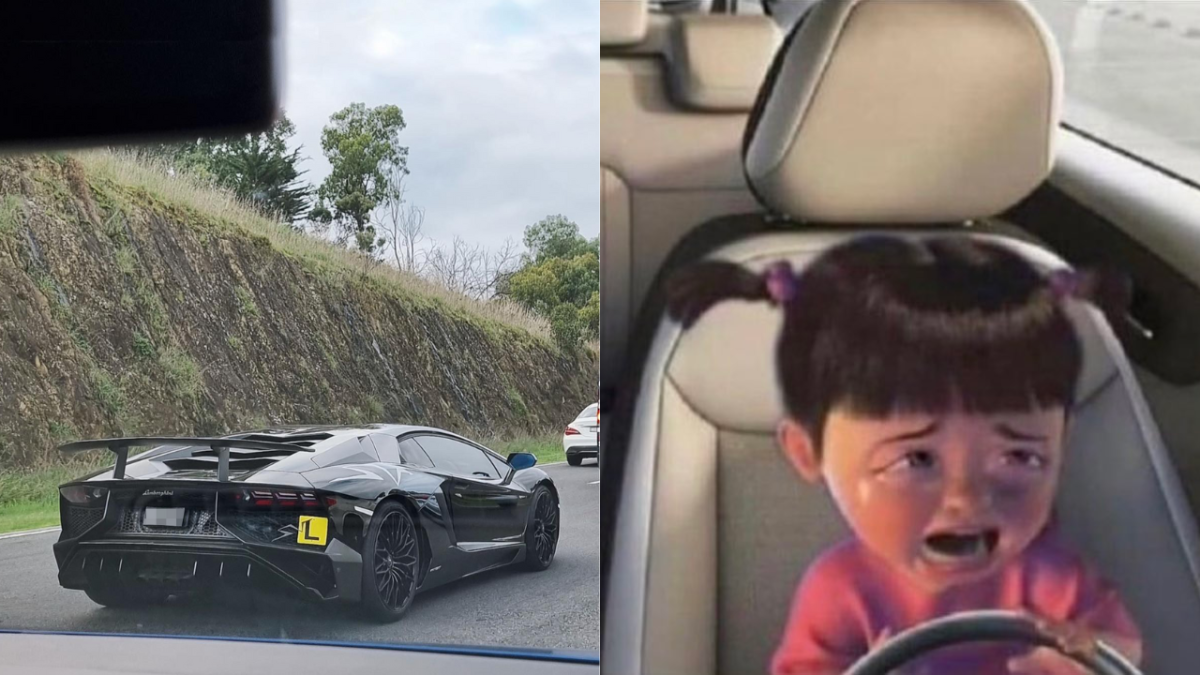 Black Lamborghini with L-plate on Melbourne road and Boo from Monster's Inc crying while driving