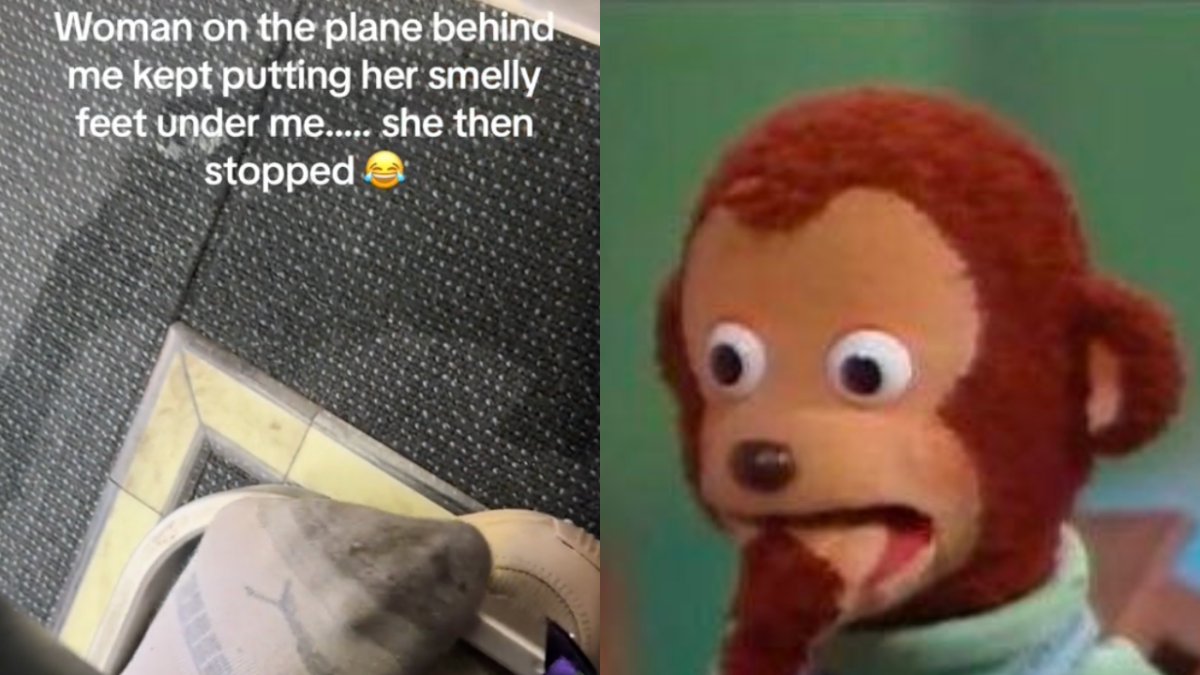 TikTok screenshot of dirty socks under plane seat with text on screen which reads "Woman on the plane behind me kept putting her smelly feet under me.... she then stopped" and photo of shocked puppet monkey