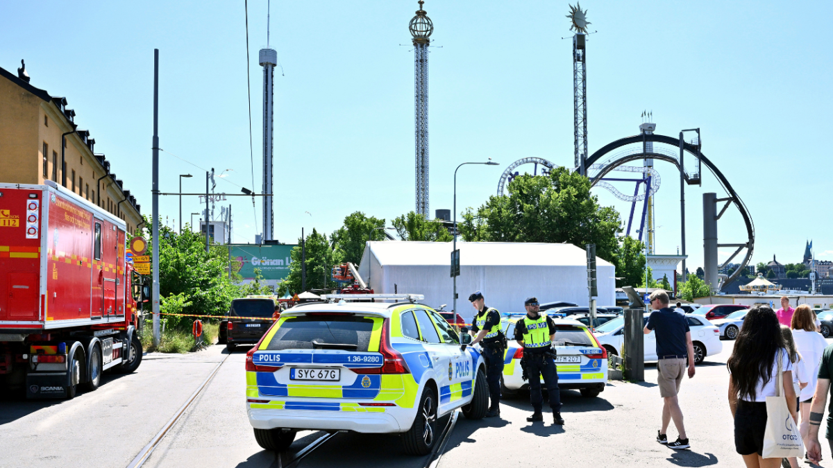 Police cordon off the Gröna Lund amusement park in Stockholm, Sunday, June 25, 2023. According to reports an accident occurred on a rollercoaster leaving one person dead. The amusement park was being evacuated and the police have set up cordons.
