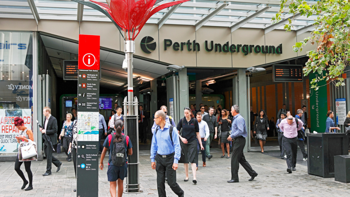 Commuters exit Perth Underground Train Station onto Murray Street Mall