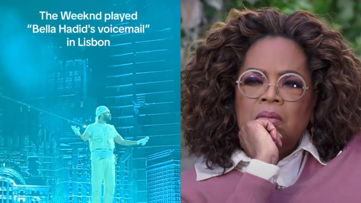 Abel "The Weeknd" Tesfaye performing at concert with text on screen which reads "The Weeknd played "Bella Hadid's voicemail" in Lisbon and photo of Oprah Winfrey thinking