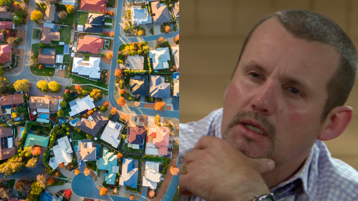 Aerial view of a typical Australian suburb and Toadie from Neighbours looking confused