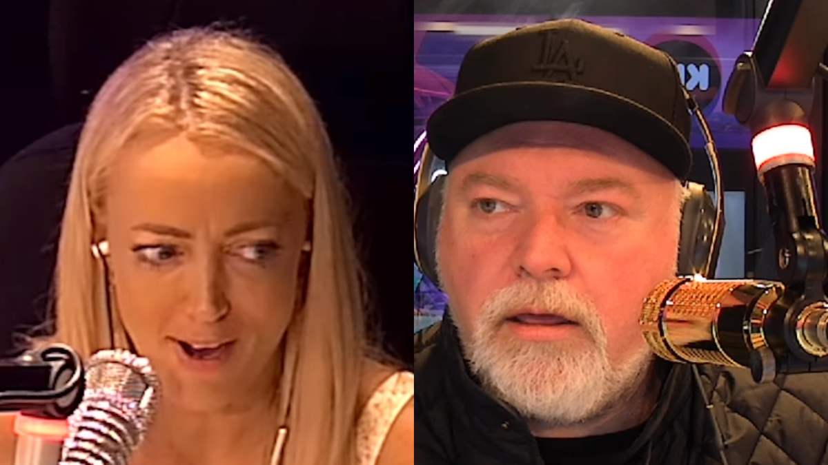 Jackie O and Kyle Sandilands looking shocked on-air after caller finds out his girlfriend is cheating on him