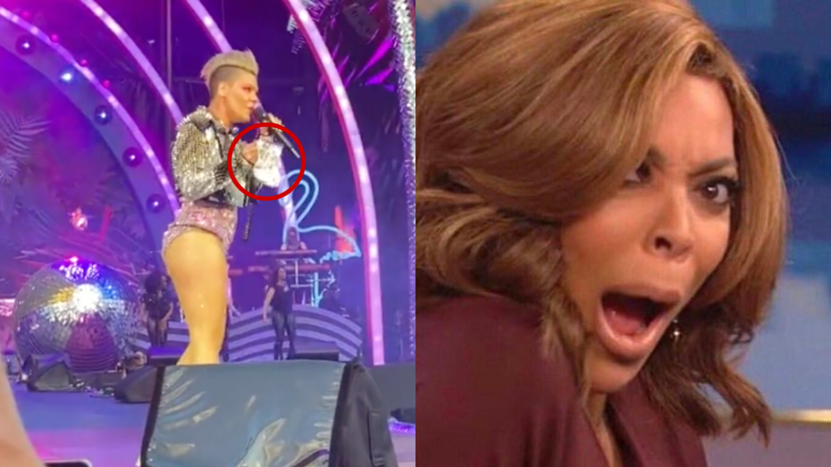 P!nk holding bag believed to contain fan's ashes on-stage at British Summer Time festival and Wendy Williams looking shocked
