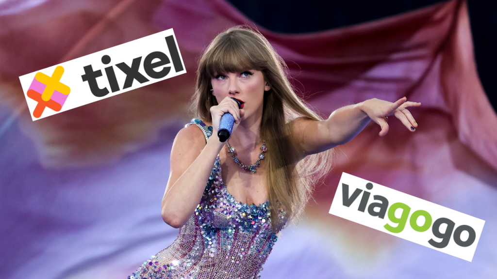 Taylor Swift performing at the Eras Tour. There are Tixel and Viagogo logos next to her.