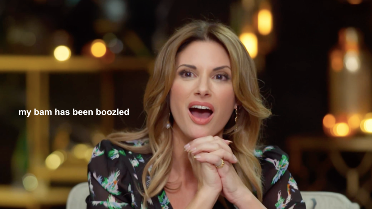 MAFS expert Alessandra Rampolla looking surprised white text on screen which reads "my bam has been boozled"