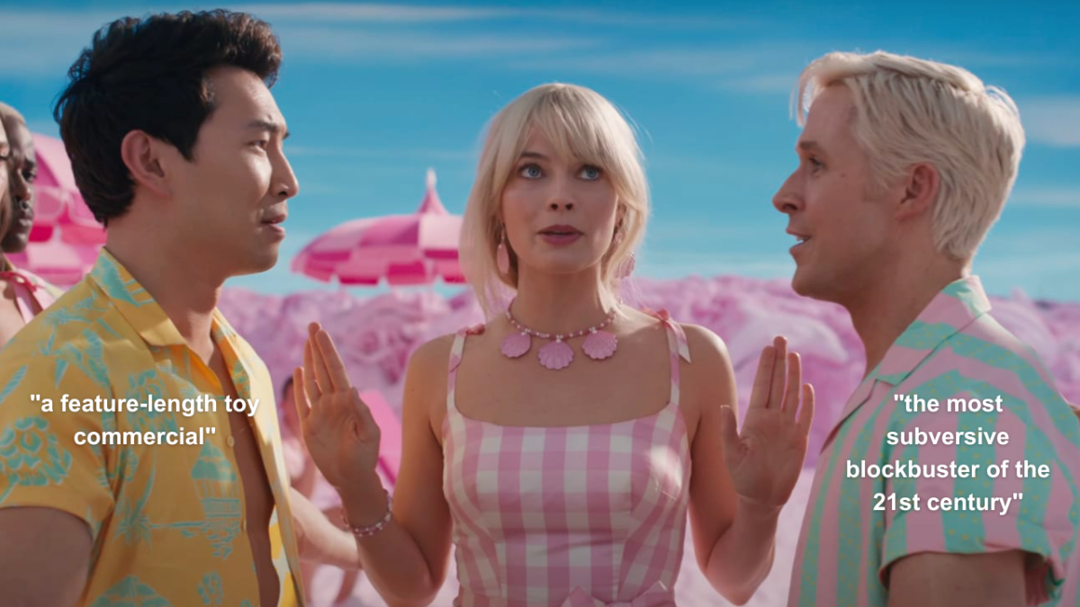 a scene from Barbie with Margot Robbie, Ryan Gosling and Simu Liu which depicts the mixed reviews the film got.