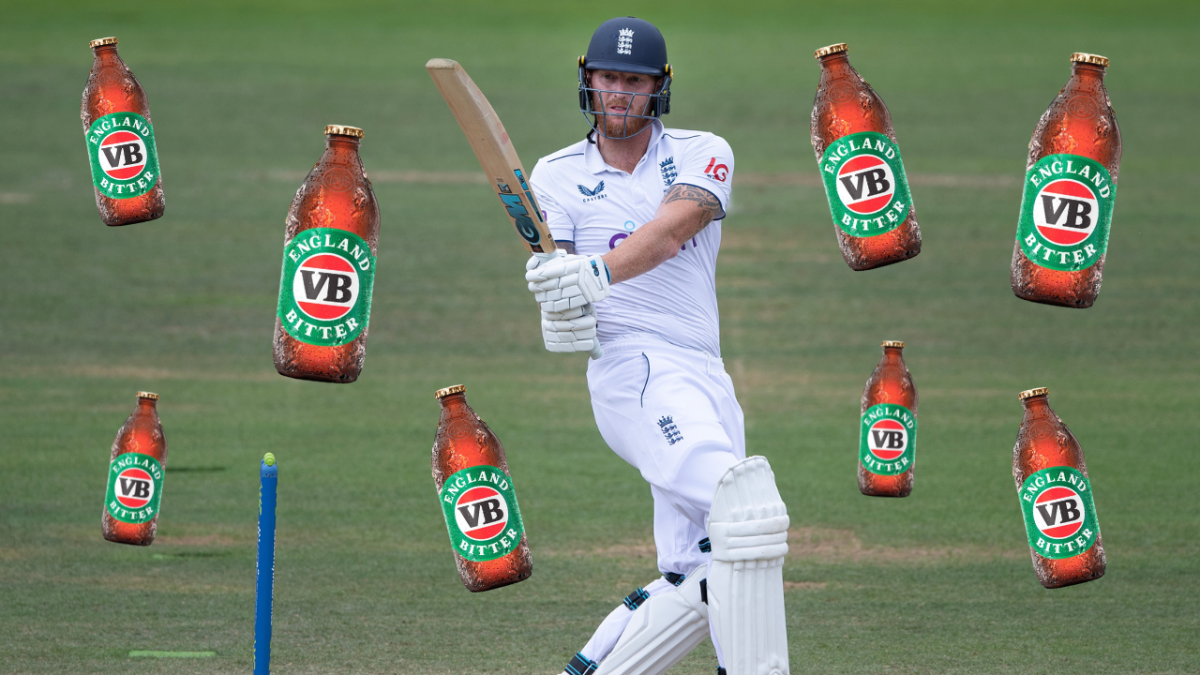England captain Ben Stokes batting during the Ashes Test Match and photos of England Bitter bottles edited around him