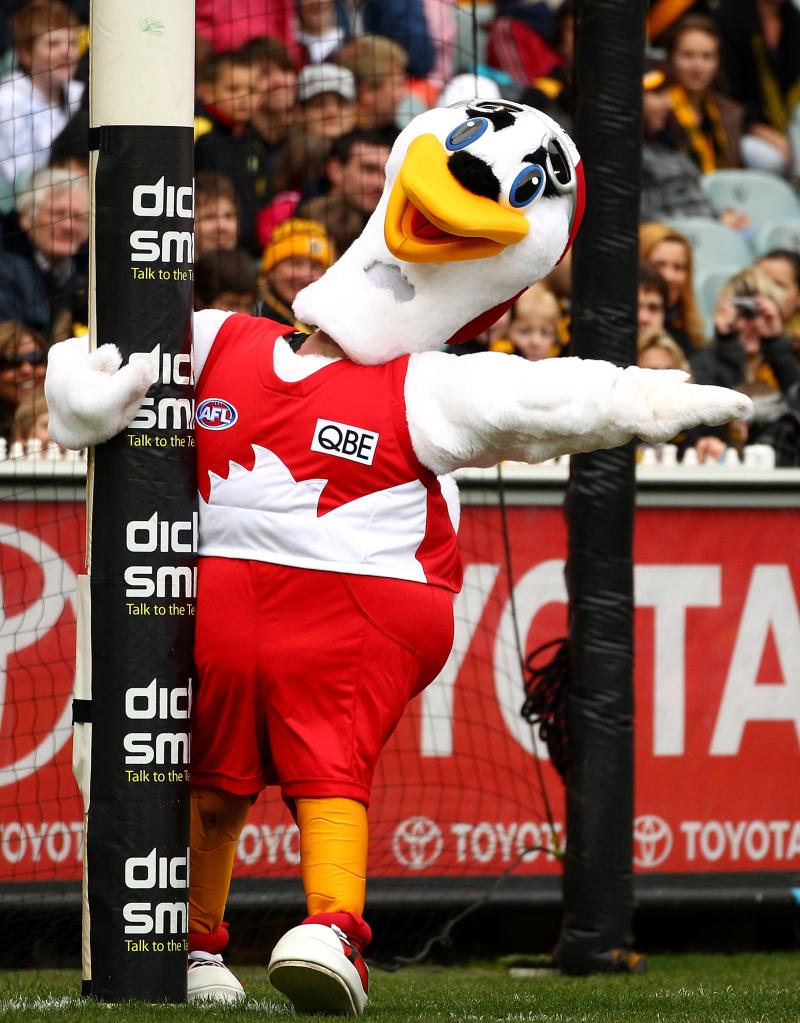 The Sydney Swans mascot plays up to the Richmond fans before the round 14 AFL match between the Richmond Tigers and the Sydney Swans at Melbourne Cricket Ground