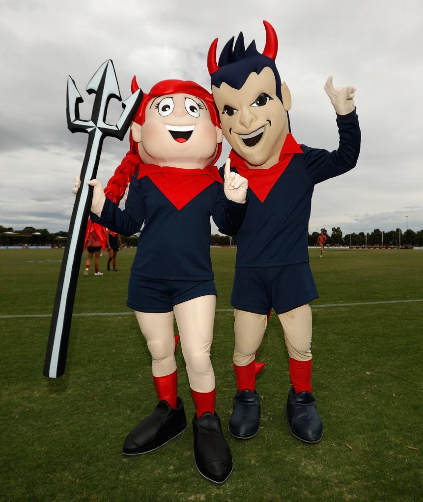 The Demons mascots pose for a photograph during the 2017 AFLW Round 01 match between the Melbourne Demons and the Brisbane Lions at Casey Fields