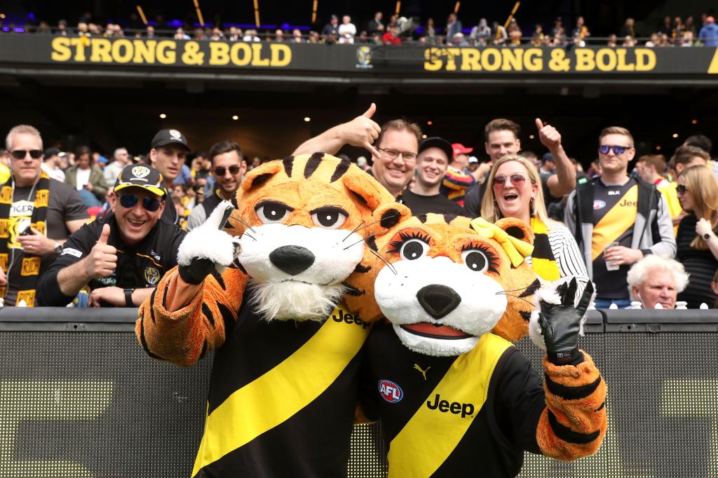 Richmond Tigers mascots pose with the crowd before the 2017 AFL Grand Final match between the Adelaide Crows and the Richmond Tigers at Melbourne Cricket Ground