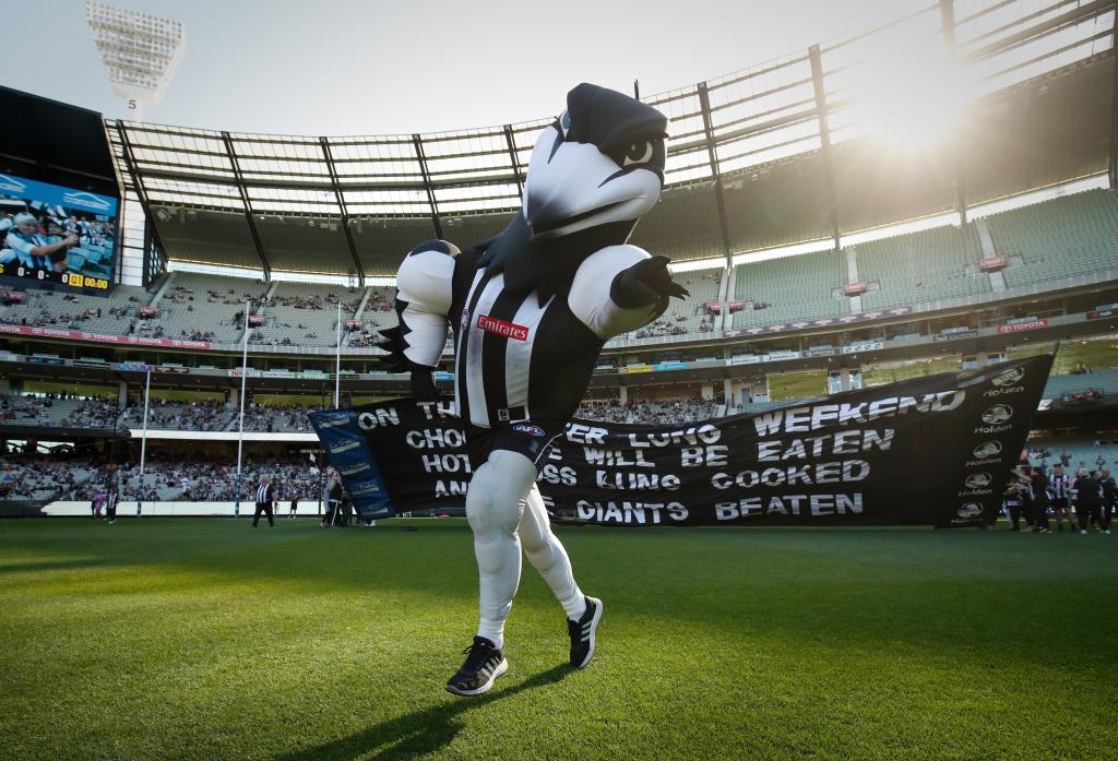 The Magpies mascot runs onto the field during the 2018 AFL round 02 match between the Collingwood Magpies and the GWS Giants