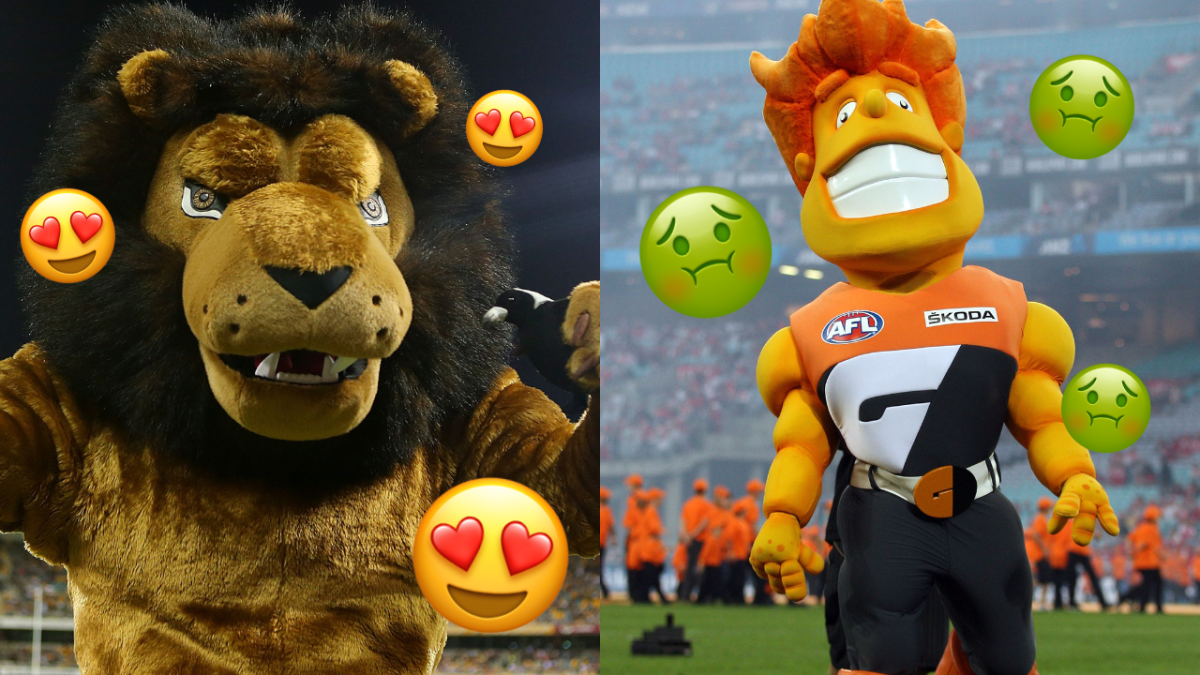 Brisbane Lions mascot Roy the Lion with heart eye emojis around him and Greater Western Sydney mascot G-Man with vomiting emojis near him