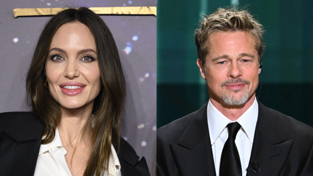 Angelina Jolie attends "The Eternals" UK premiere and Brad Pitt onstage during the during the 48th Cesar Film Awards