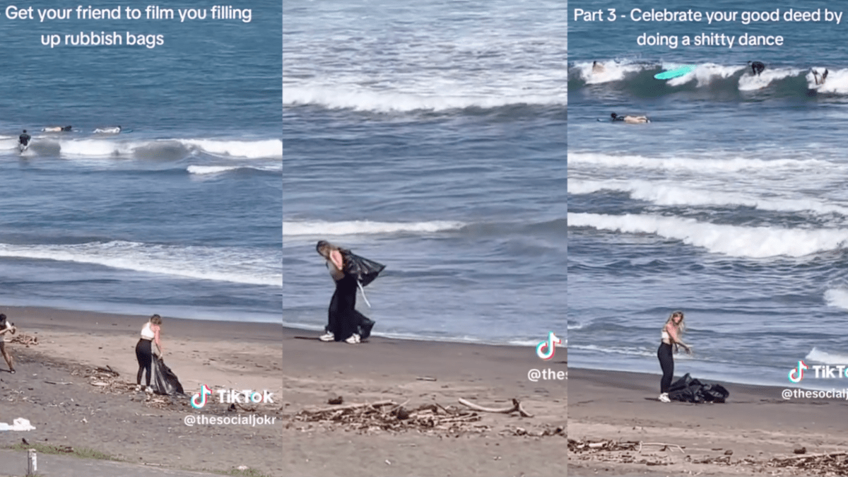 woman picking up rubbish on beach video influencer