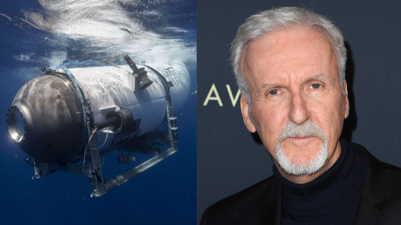 Titan submersible in water and Titanic director James Cameron