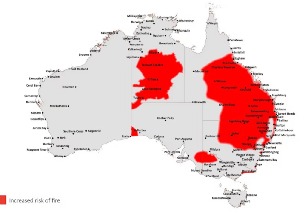 A map of Australia that has an increased bushfire risk in Spring 2023