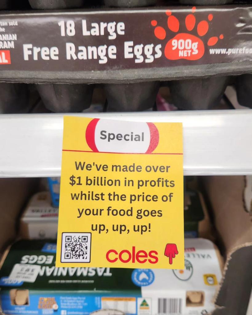 Fake tags created by Grassroots Action Network Tasmania which were distributed around Coles and Woolies to protest increasing profits during a cost of living crisis.