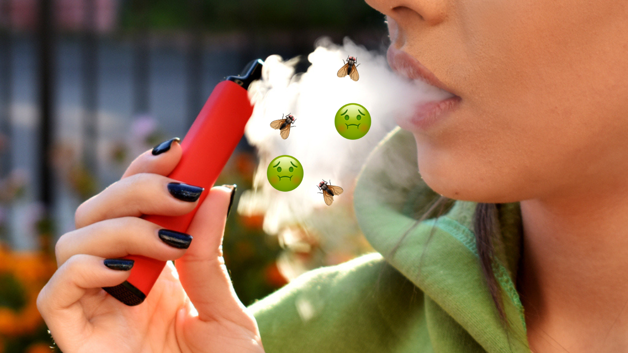 YUCK: Testing Has Found More Than 200 Chemicals In Vapes Including Bug Spray & Weed Killer image is of a woman vaping, with sick and fly emojis over the vapour cloud.
