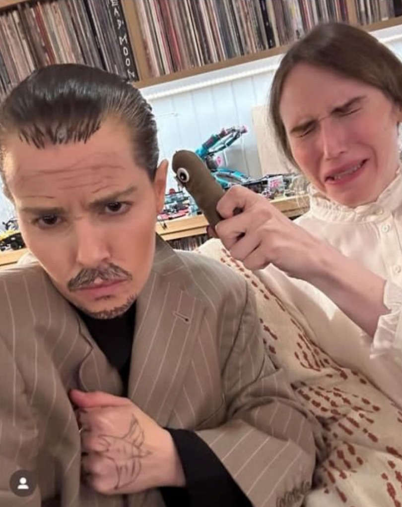 Emily Hampshire dressed up as Johnny Depp for Halloween. Her friend dressed up as Amber Heard.
