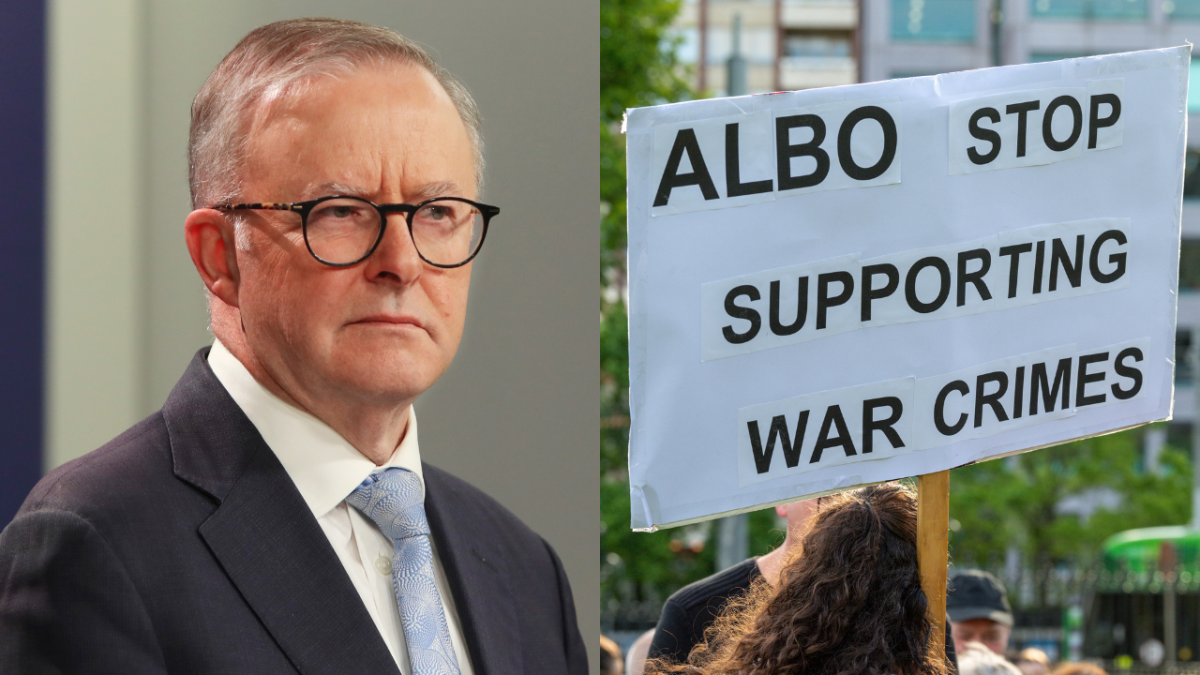 What Is Australia's Stance On Israel-Palestine? Albo's Shifting View, Explained Image is of Anthony Albanese next to a protest sign that says "ALBO, STOP SUPPORTING WAR CRIMES"