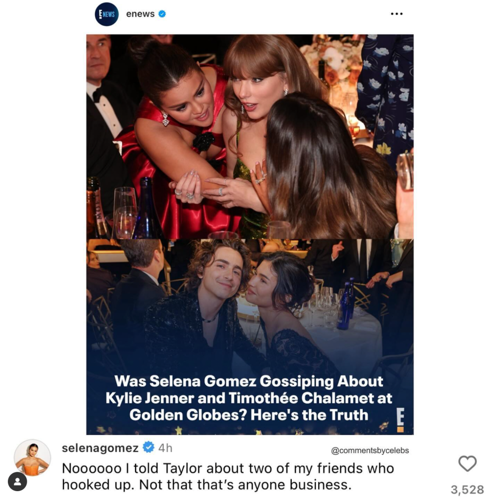 Selena Gomez comments on E News article