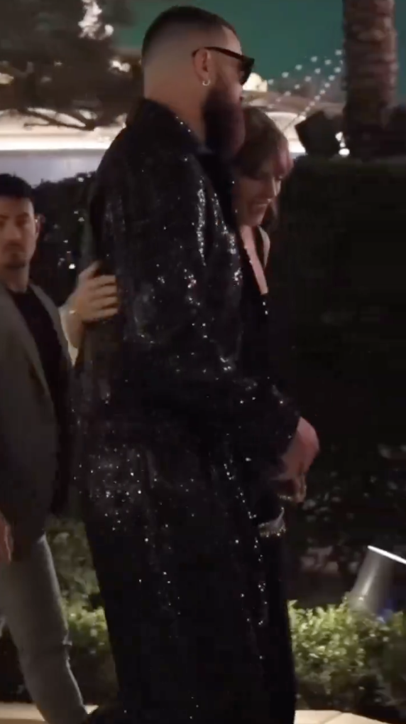 Taylor Swift and Travis Kelce arriving at the Super Bowl afterparty