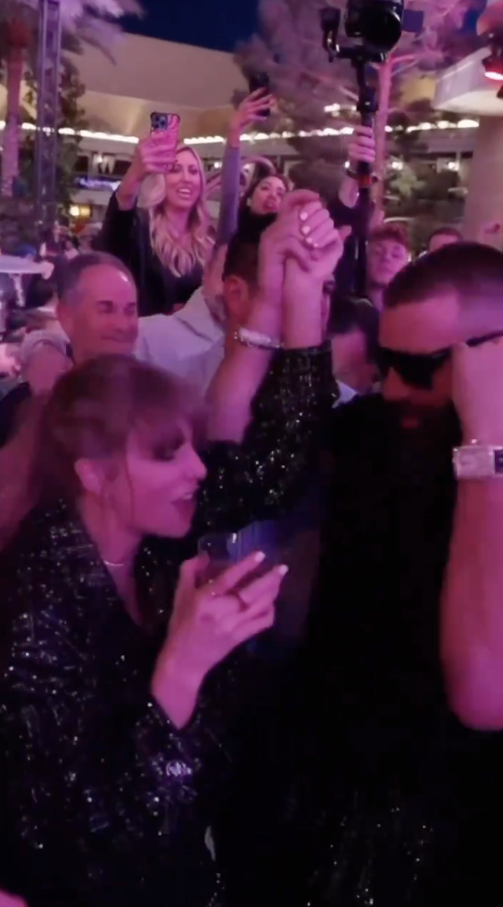 Taylor Swift and Travis Kelce celebrating the Super Bowl win.